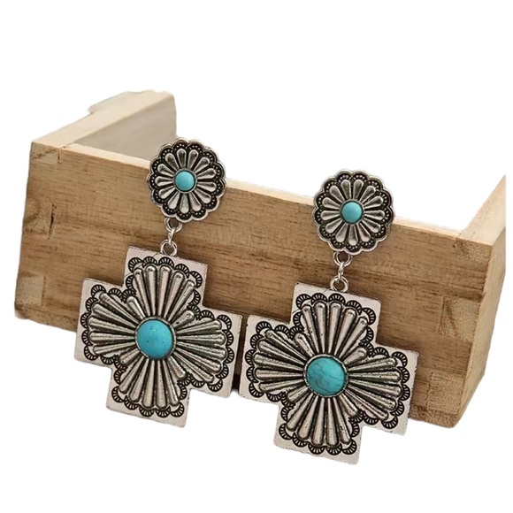 Silver Plated Native American Style Silver and Turquoise Drop Earrings - Picture 3 of 6